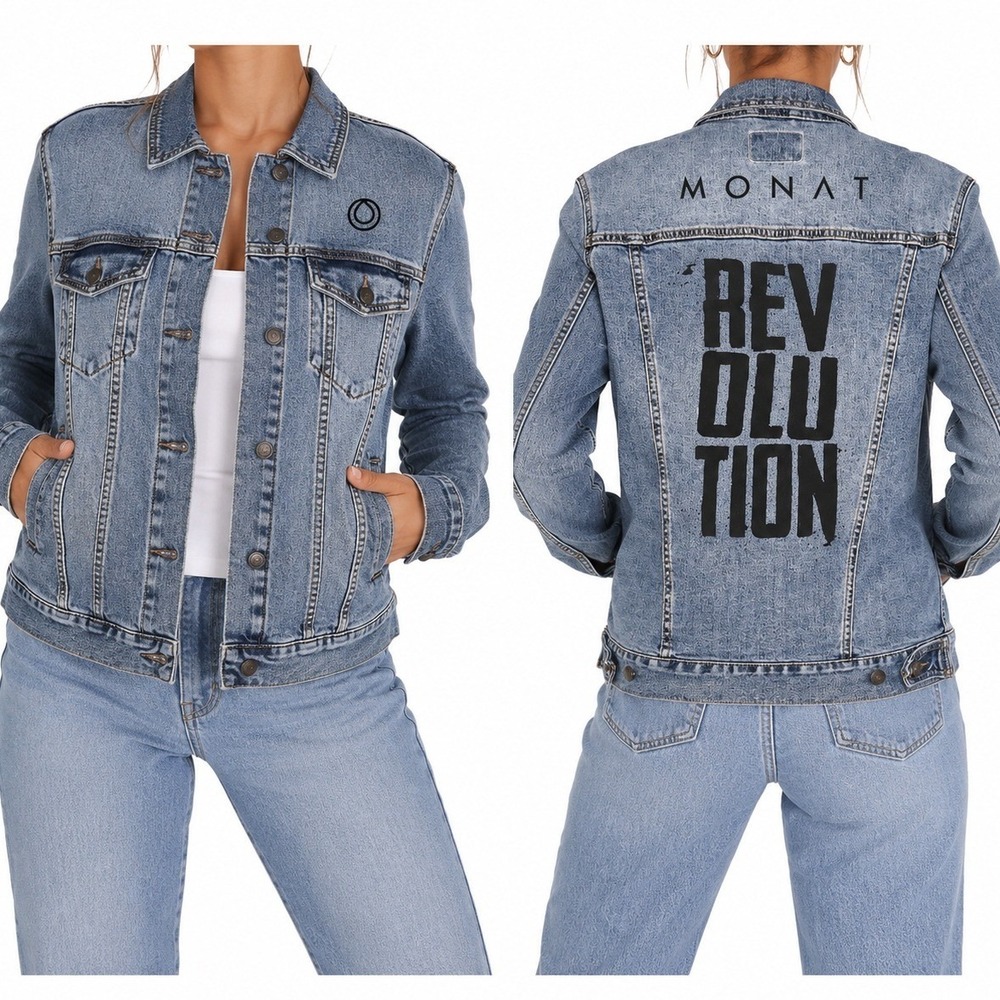 Monat Gear Denim Trucker Jacket Womens Small Blue Revolution Graphic Logo New